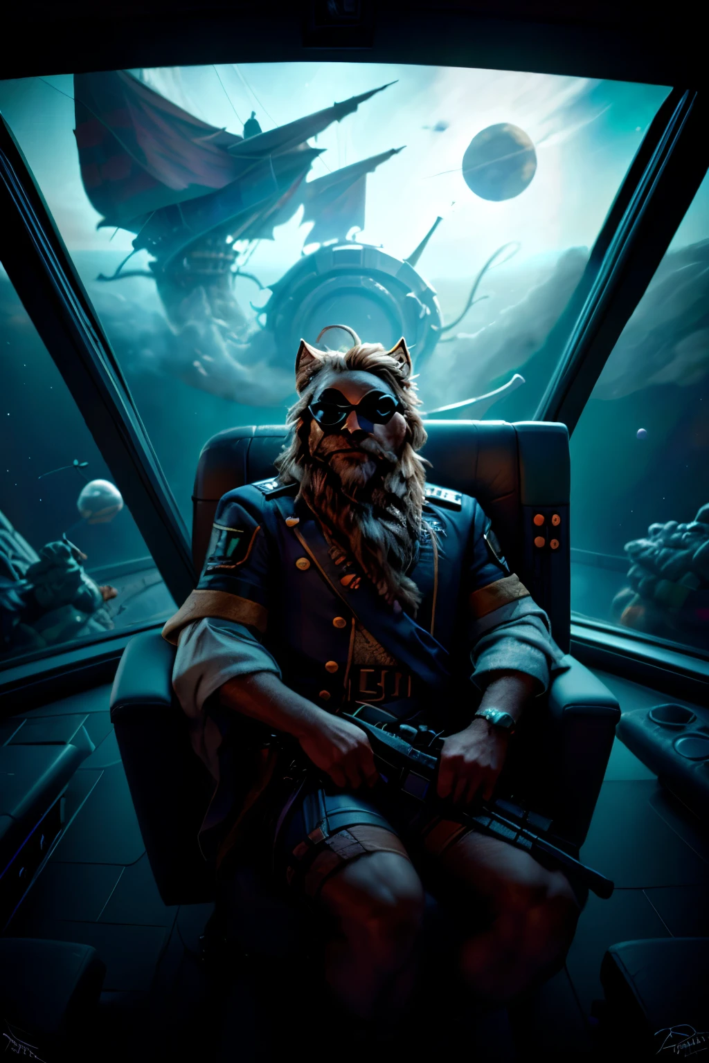 Leodore dressed as a pirate admiral with an eye patch sitting in a chair on a Spaceship bridge in outer space, masterpiece, best, photo realistic