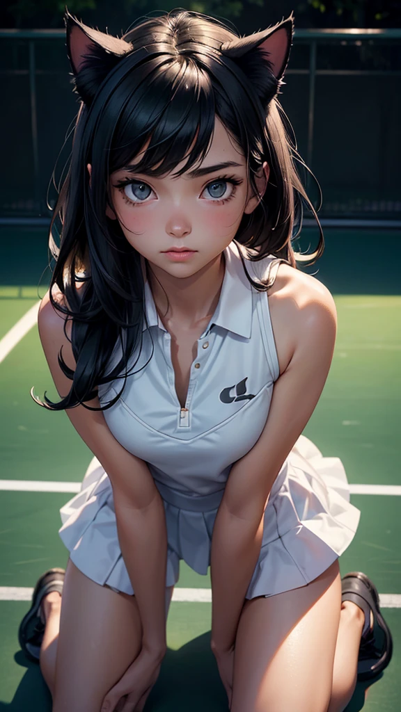 (high resolution, upper body, soft skin:1.2),(best illustration,masterpiece:1.2),ultra-detailed,[(cat ears , black inside:1.2, black hair),vivid colors,sharp focus,portrait,studio lighting,bokeh, wearing a tennis uniform, tennis courts background, dusk, full body portrait, kneeling