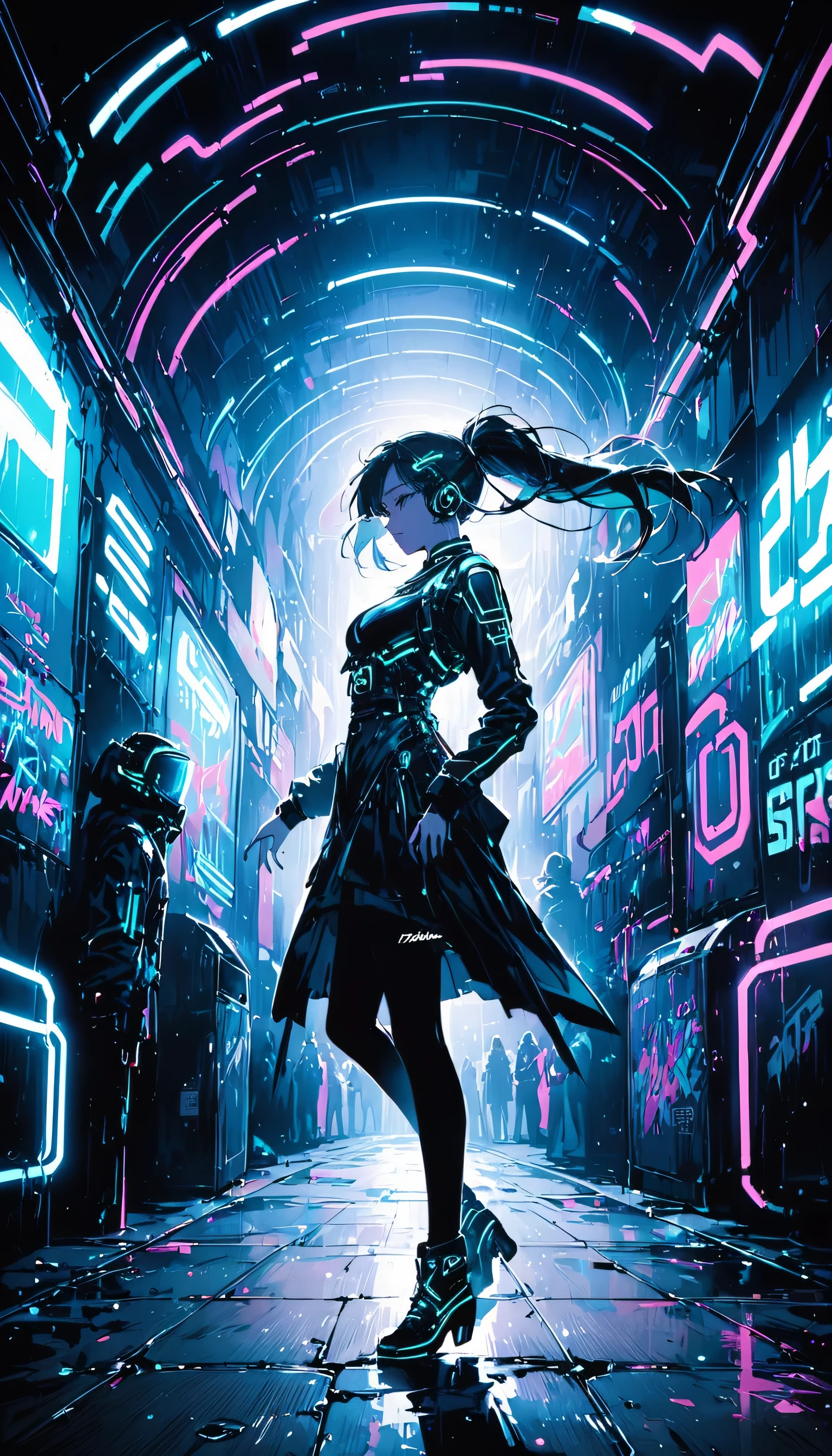 Demi-Hawks, L&#39;étalement urbain, femme, Urban danse costume, Éclairage dramatique, Contraste élevé, silhouette, digne d&#39;une affiche, mode de rue, Graffiti, Néon, ombre, Dystopie, cyberpunk, futuriste, la science-fiction, Tron, coureur de lame, Élysée, Monde occidental, Néon noir, danse, fluide, dynamique, énergie, mouvement, forme, performance.