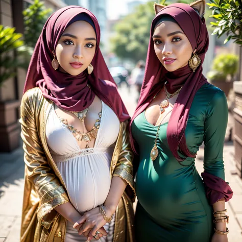 Malaysian girl pregnant 9 month ,malay, The whole body consists of a young girl with hijab, Eye makeup, 55 year old model, Cat e...