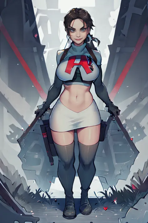 lara croft, team rocket, team rocket uniform, red letter r, white skirt,white crop top,black thigh-high boots, black elbow glove...