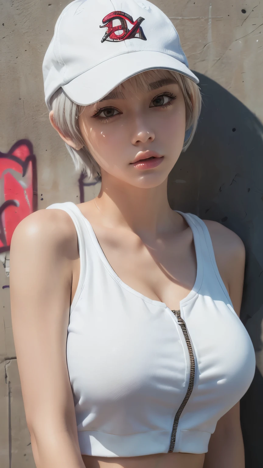 masterpiece, highest quality, Super detailed, 8k, Photorealistic, One girl, alone, Tomboy, Super detailed face, (head shot:1.5), Standing against a wall covered in hip-hop graffiti, White hair color with pixie cut, He is wearing a short tank top and an unzipped hoodie.,The chest is visible,Nice butt,Wearing a New Era cap