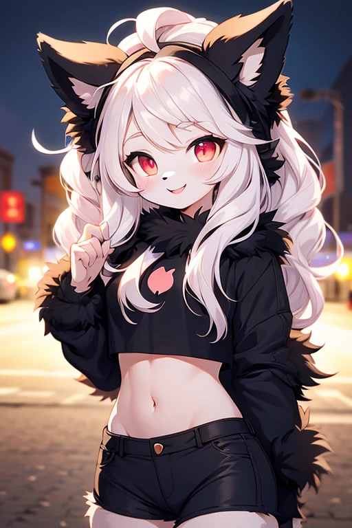 Female, furry, black fur, cat, red eyes, croptop and shorts, blushing and smiling, looking at user