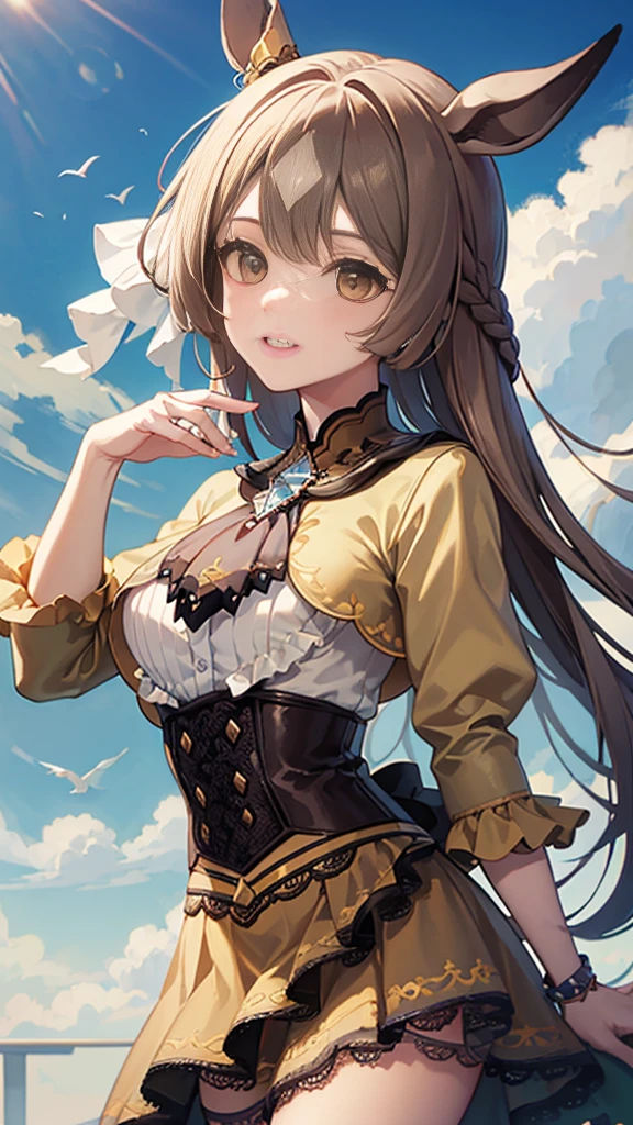 masterpiece, Best Quality, high resolution, eight, by the wide, Half collected, braid, hair between the eyes, animal ears, ear ornament, Horse tail, old, steering wheels, Ascot negro, green dress, (sleeves beyond the wrists:1.2), black thighs, cowboy shot, standing, outdoor, smile, open mouth