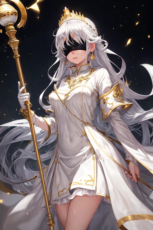 1girl,blindfold,white dress,earings,silver crown,golden staff. (Hd,ultra hd,hdr,16k,detailed,)