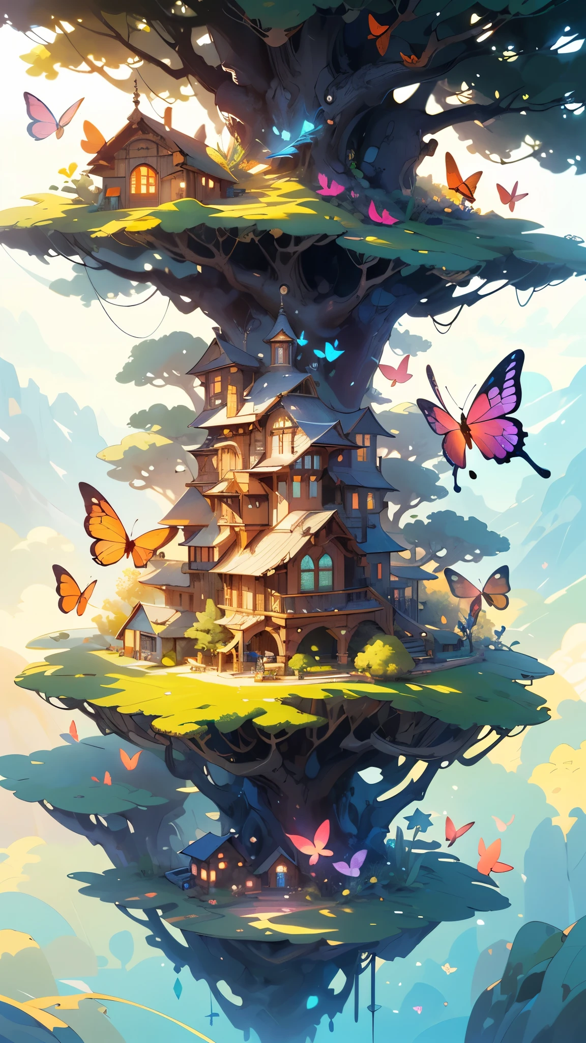 (Masterpiece),(Best quality:1.0), (Ultra-high resolution,), Detailed, A glass ball，There is a tree inside, Digital art, cg society contest winner, Butterflies and sunlight, concept art design illustration, Beautiful digital illustration, Closed ecosystems