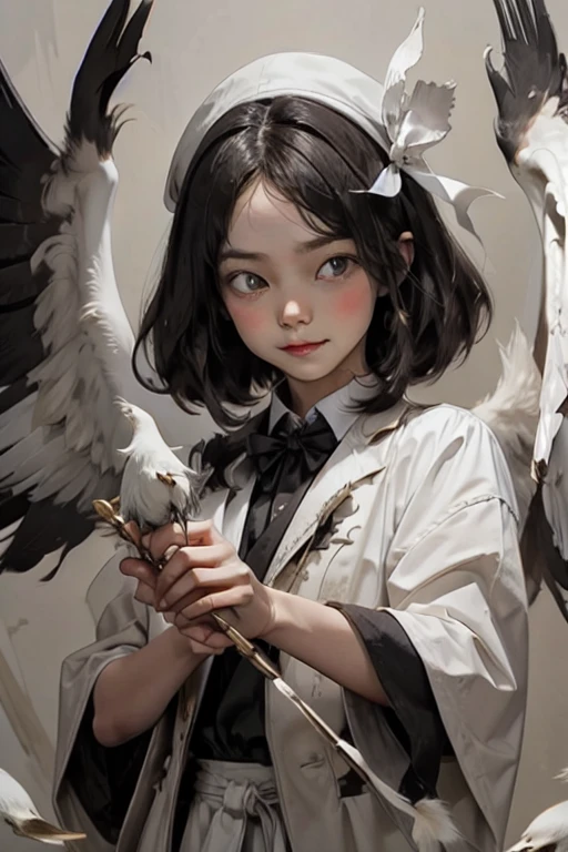 White crow with wings spread、Holding a bow