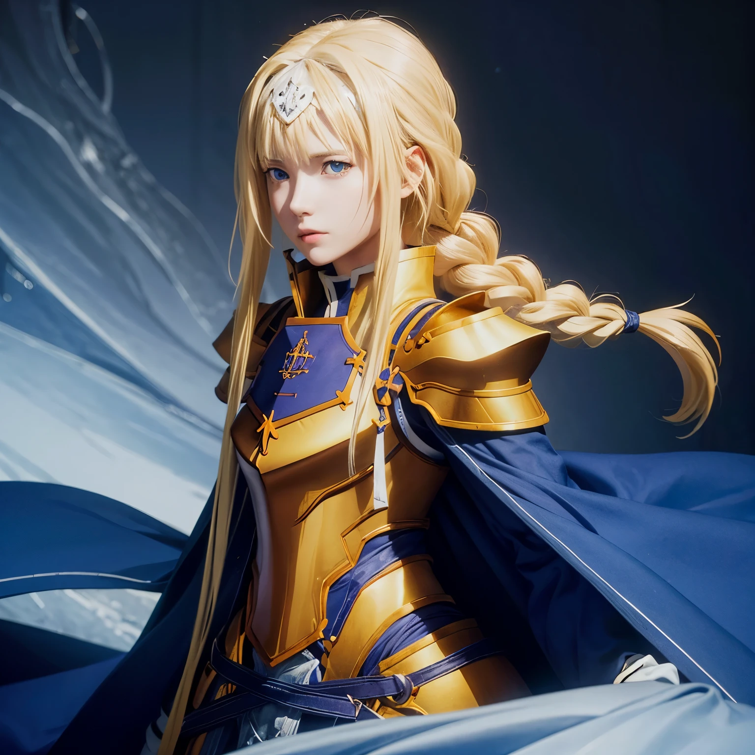 Alicesburg, Alice Zuberg, bangs, blue eyes, Blonde, Hair between the eyes, Very long hair, Braiding, Hair ties, white Hair ties,, break dress, Cape, armor, Blue clothes, shoulder armor, Gauntlet, Cane , breastplate, armored dress, defect, blue Cape, knight, gold armor, body armor,, break outside, forest, break looking at viewer, break (artwork:1.2), highest quality, High resolution, unity wallpaper 8k, (figure:0.8), (Beautiful fine details:1.6), Highly detailed face, Perfect lighting, Highly detailed CG, (Perfect hands, Perfect Anatomy), 