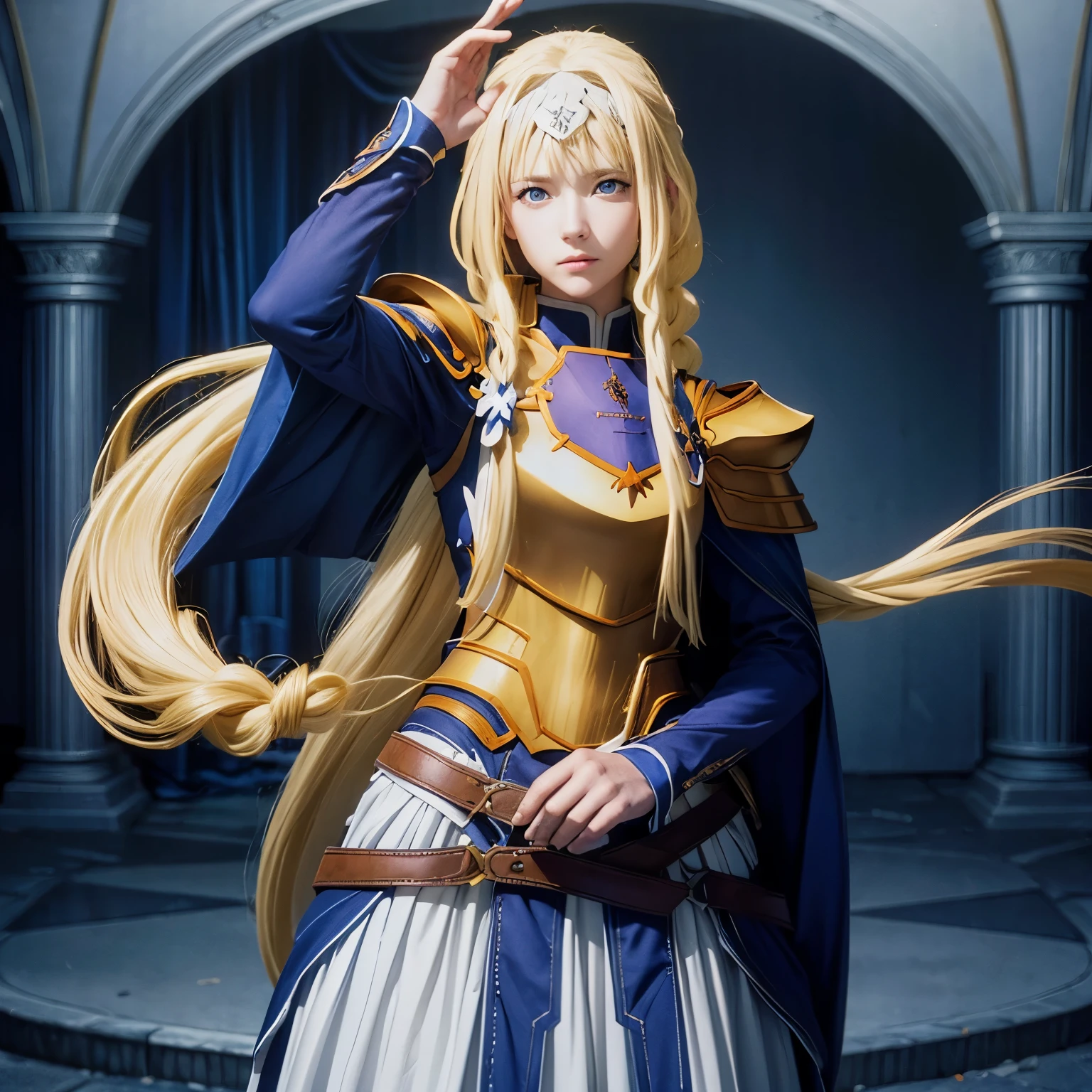 Alicesburg, Alice Zuberg, bangs, blue eyes, Blonde, Hair between the eyes, Very long hair, Braiding, Hair ties, white Hair ties,, break dress, Cape, armor, Blue clothes, shoulder armor, Gauntlet, Cane , breastplate, armored dress, defect, blue Cape, knight, gold armor, body armor,, break outside, forest, break looking at viewer, break (artwork:1.2), highest quality, High resolution, unity wallpaper 8k, (figure:0.8), (Beautiful fine details:1.6), Highly detailed face, Perfect lighting, Highly detailed CG, (Perfect hands, Perfect Anatomy), 