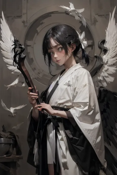 White crow with wings spread、Holding a bow