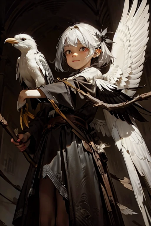 Corbeau blanc aux ailes déployées、tenant un arc