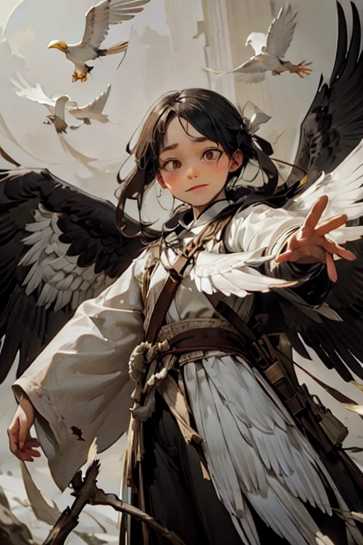Corbeau blanc aux ailes déployées、tenant un arc