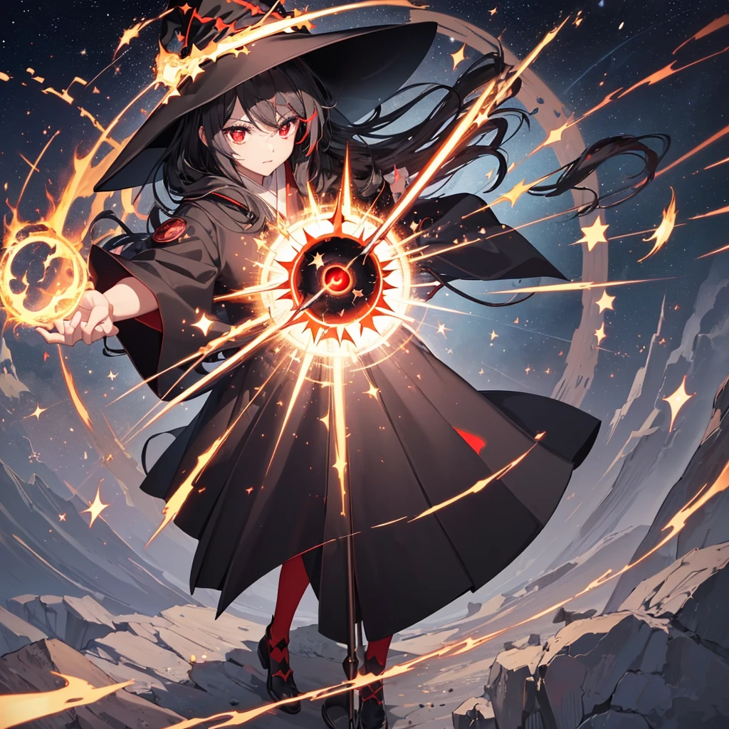 ((Black Hair　magic circle　Witch Hat　Red eyes))　((explosion　force　Cane　starのペンダント　fire　beam))　(Magic Robe　shine　star　Streaks of Light)　moon　彗star　incantation　Runes
