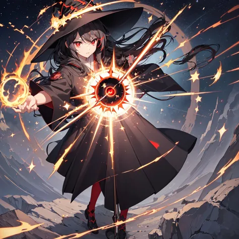 ((Black Hair　magic circle　Witch Hat　Red eyes))　((explosion　force　Cane　starのペンダント　fire　beam))　(Magic Robe　shine　star　Streaks of L...