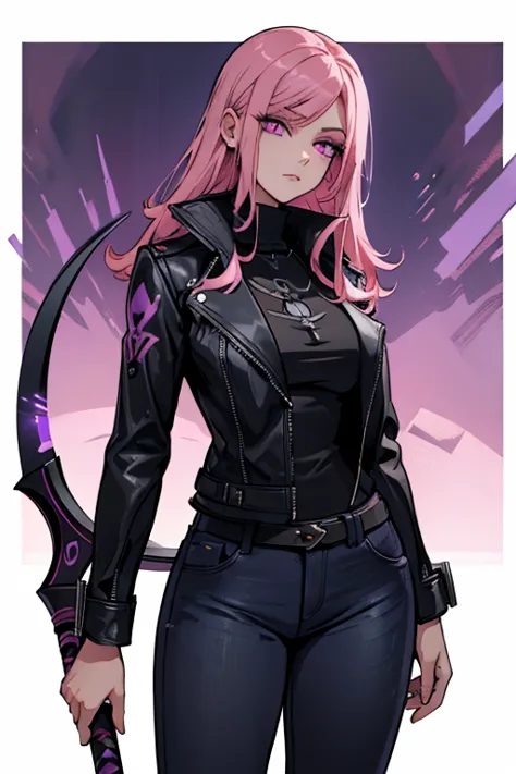 A pink haired female reaper with violet eyes with an hourglass figure in a cool leather jacket and jeans carrying her scythe in ...
