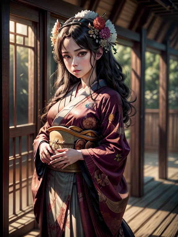 arafed woman in a kimono with flowers on her head, beautiful digital artwork, beautiful digital illustration, beautiful digital painting, gorgeous digital painting, artwork in the style of guweiz, photorealistic anime girl render, smooth anime cg art, beautiful digital art, great digital art with details, stunning digital illustration, detailed digital anime art, render of april, beautiful anime portrait