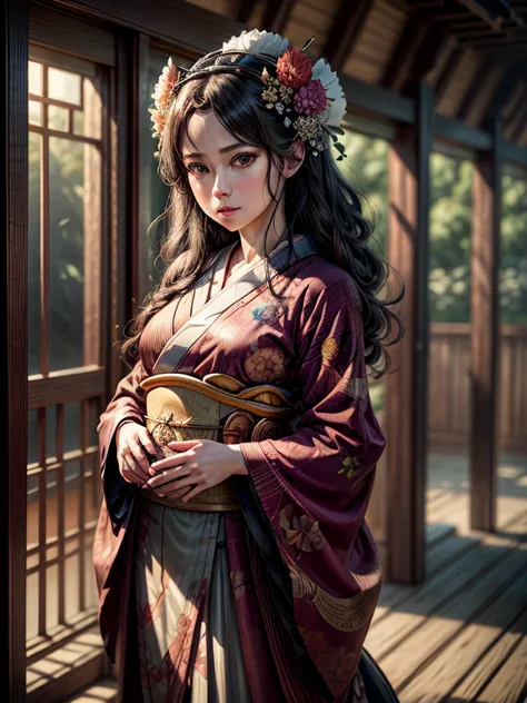 arafed woman in a kimono with flowers on her head, beautiful digital artwork, beautiful digital illustration, beautiful digital ...