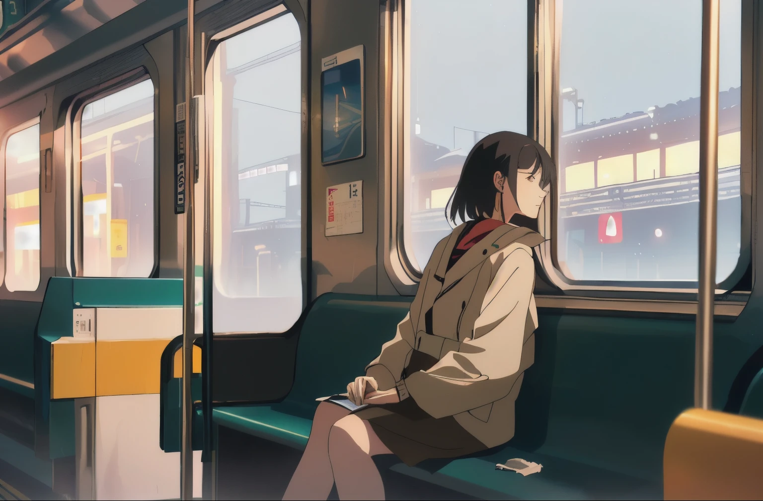 A man in his fifties sitting on a train bench looking out the window, I sat on the train, Night view , Lo-fi portrait by the window, LOFI Girl, 🚿🗝📝, Sitting in Tokyo, LOFI Girl aesthetic, A girl waiting for a train, By subway, Shot with Leica SL2, Anime Style