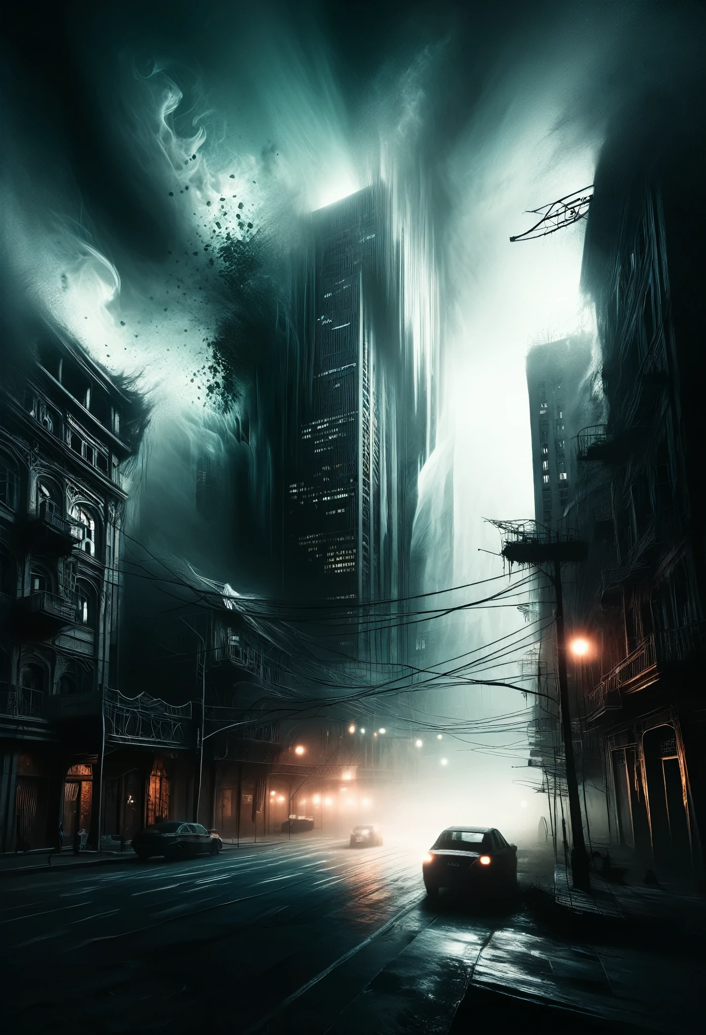 A dystopian cityscape engulfed in eerie shadows, where towering buildings twist and contort like monstrous entities, their sinister glow casting an unsettling ambiance.