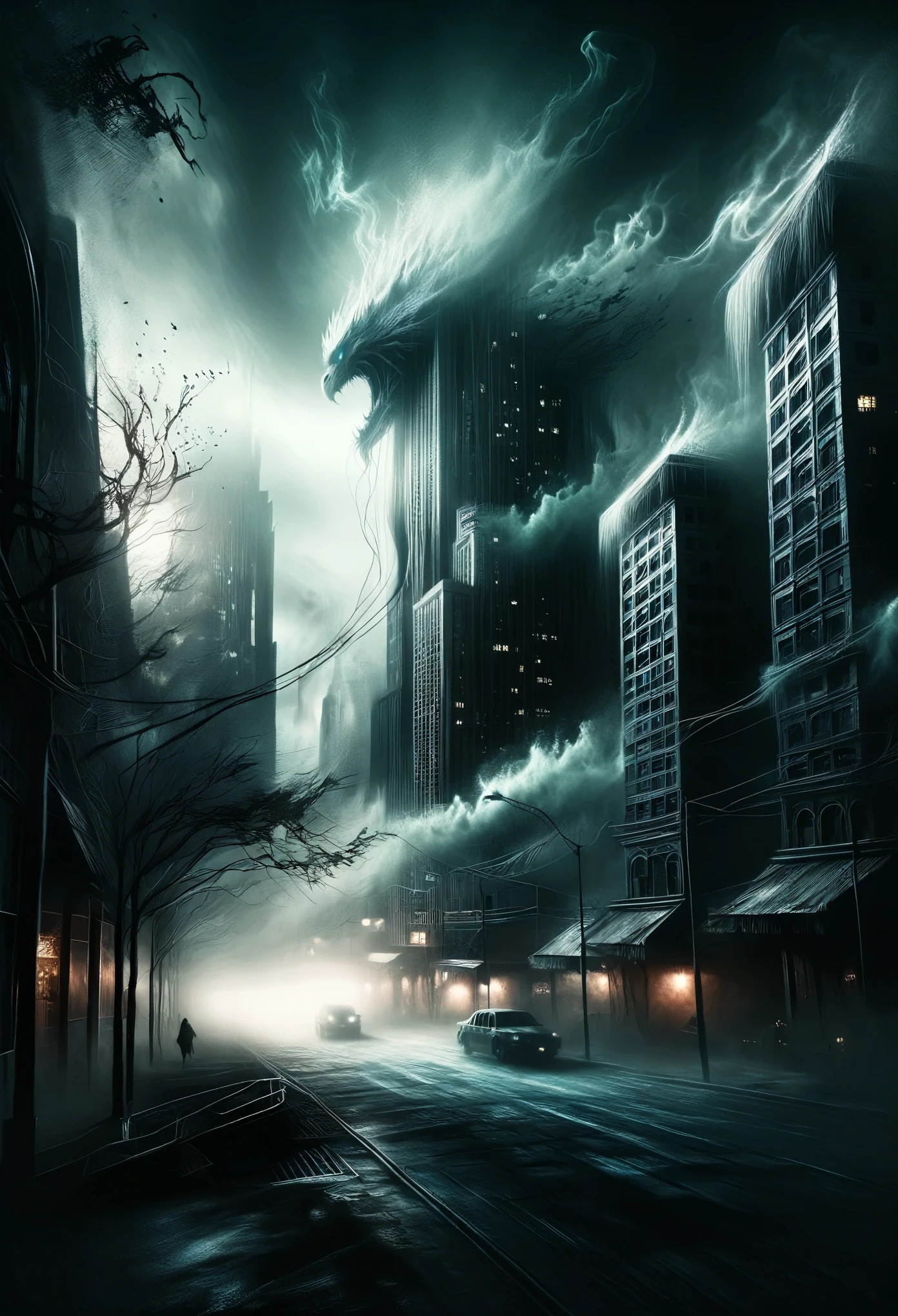 Город-антиутопия, окутанная жуткими тенями, где высокие здания скручиваются и искажаются, словно чудовищные существа, их зловещее сияние создает тревожную атмосферу.