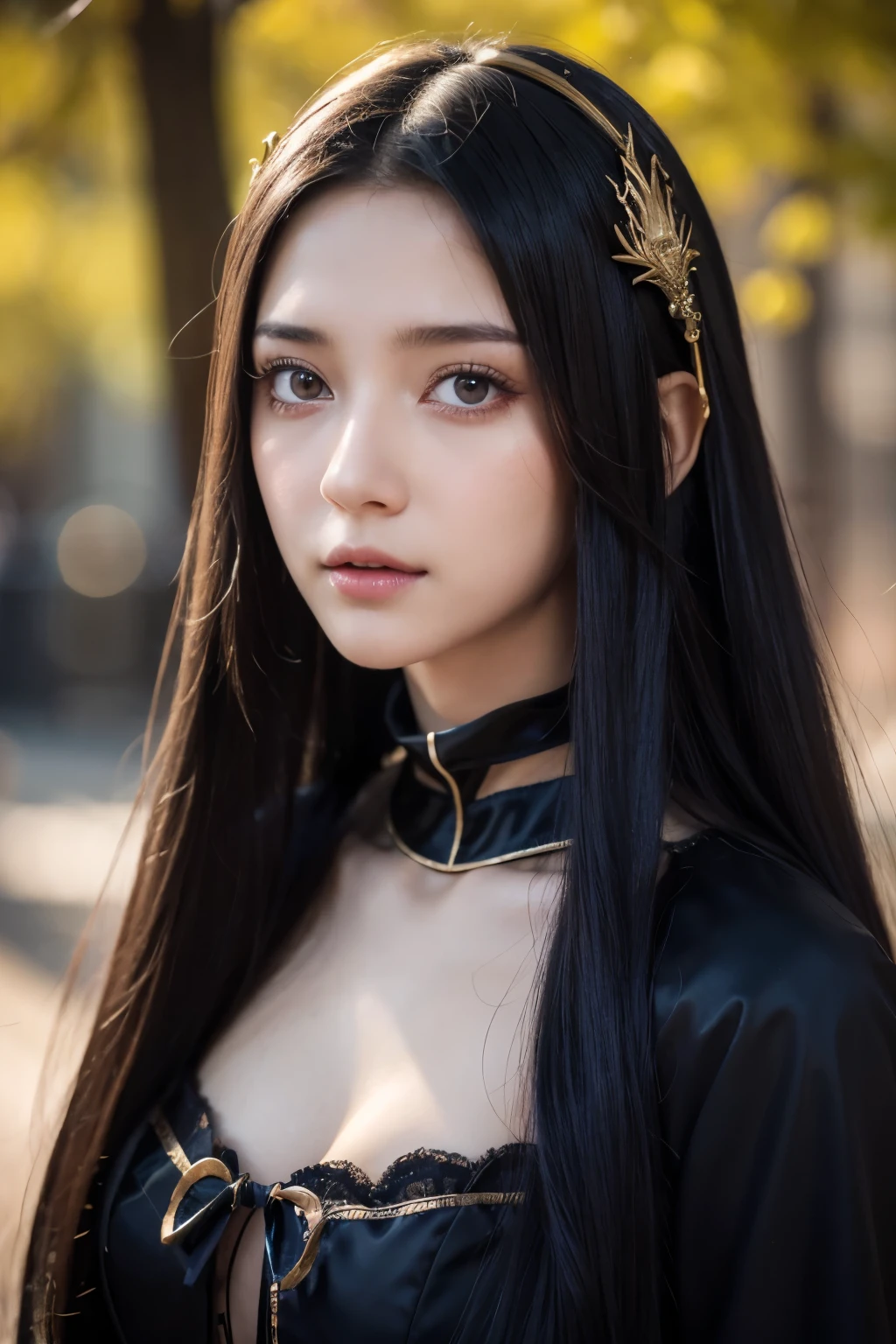 ８ｋ、High resolution、Beautiful Girl of the Wizard、gothic costume、young、white skin,、narrow eyes,high nose,lighting that illuminates the face、clear image、intellectual beauty、skinny、no makeup、anxious look,shining hair、single eyelid,、vivid pose、