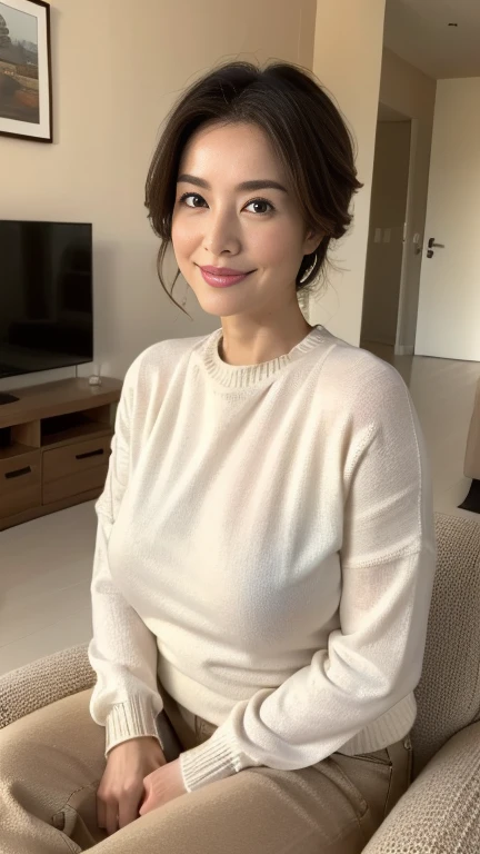 (highest quality,8k,masterpiece),
日本人Mature Woman,40 years,Mature Woman,Pure white skin, Tabletop、Chest top view、
(Plump breasts 1.3)、　((Beige crew neck knit))、Light blue denim pants、Random Hairstyles、
,A kind smile、A captivating gaze、Living room at home、