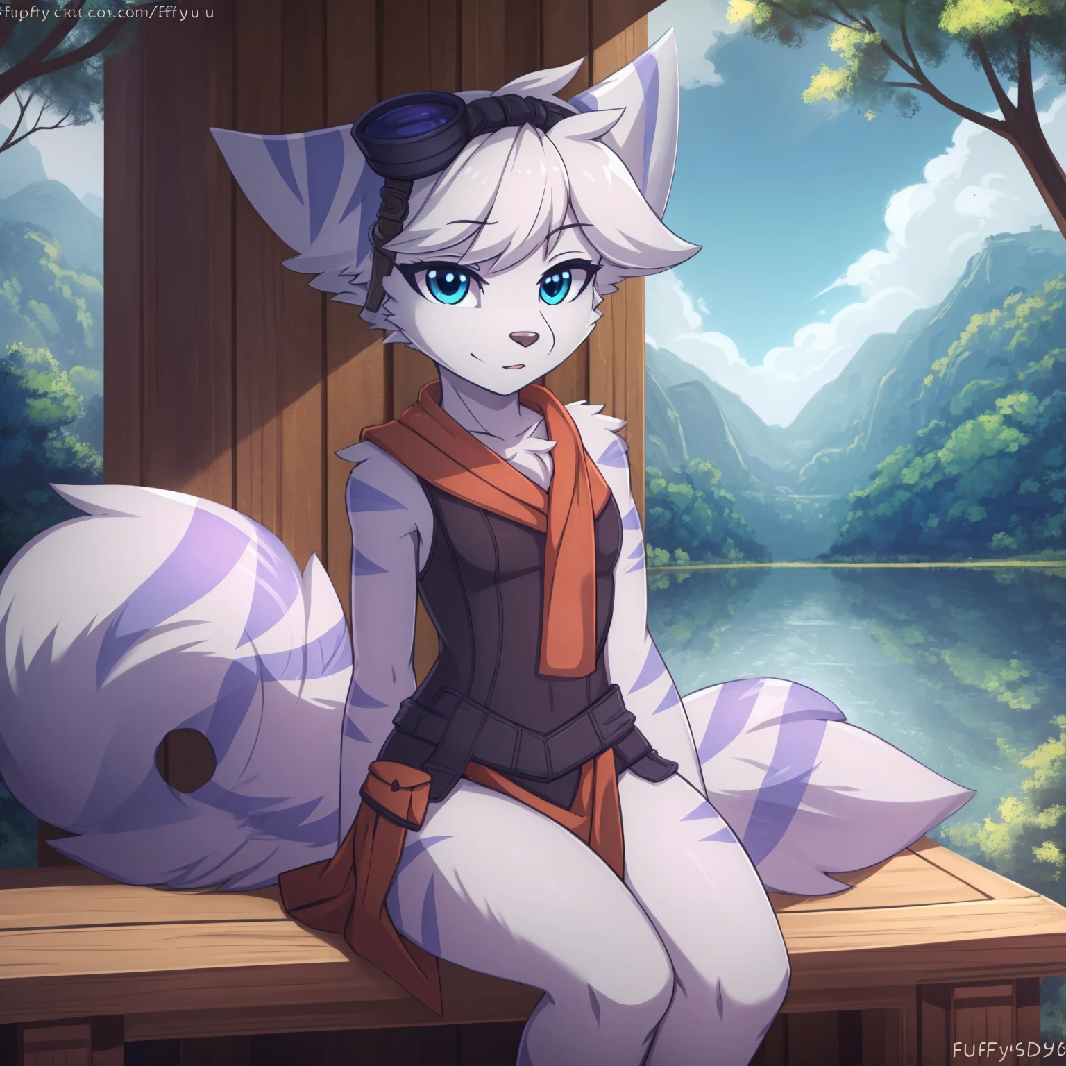 By zinfyuu on pixiv,by twistedscarlet60, uploaded on pixiv, by fluff-kevlar, (masterpiece), (best quality), (anthro furry:1.3, snout:1.2, anthro:1.3, furry:1.2, solo female:1.2), (extremely detailed:1.3), (blue_detailed_eye), absol, wearing white dress, sfw, forest, sitting, lake, nature beauty, view on viewer, rivet
