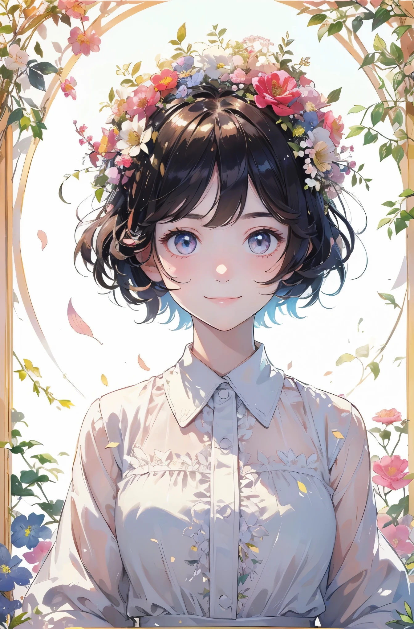 (masterpiece、highest quality、highest quality、Beautiful and beautiful:1.2)、(Good anatomy:1.5)、Drawing of a girl with straight short hair、White blouse、Shy smile、Sparkling Eyes、looking at the camera、put flowers and leaves on your head、Campanella