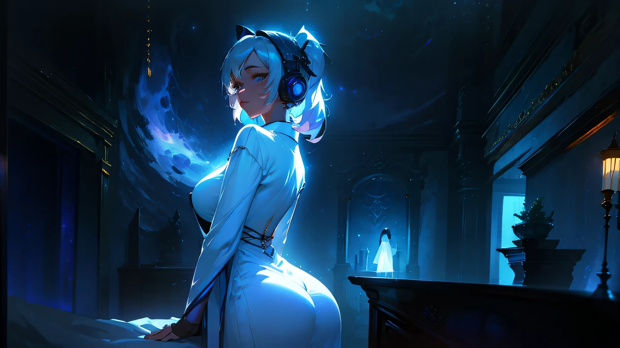 A woman wearing a white bathrobe and headphones is lying on her bed、A beautiful night view behind、Big Breasts、sexy、Room with a night view、Moonlight、Unbuttoned、Beautiful woman looking back、Butt、Beautiful buttocks、Downlight、full moon、Stylish room with fireplace、Silver Hair