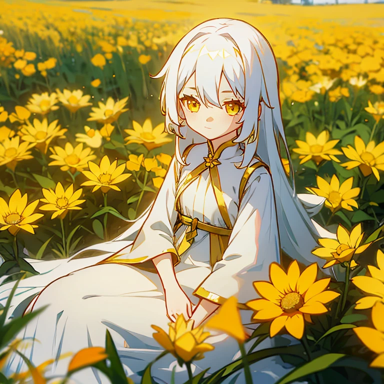 Young girl, anime style, long hair, white hair, golden eyes, white dress, sitting on a field of flowers, yellow flowers, orange flowers