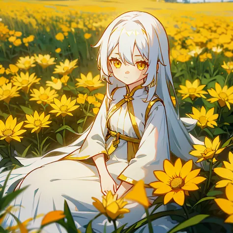 Young girl, anime style, long hair, white hair, golden eyes, white dress, sitting on a field of flowers, yellow flowers, orange ...