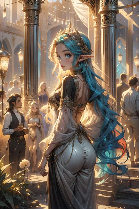 elf girl, arabian clothes , Harem pants , long wavy hair , vivid colors, vibrant colors