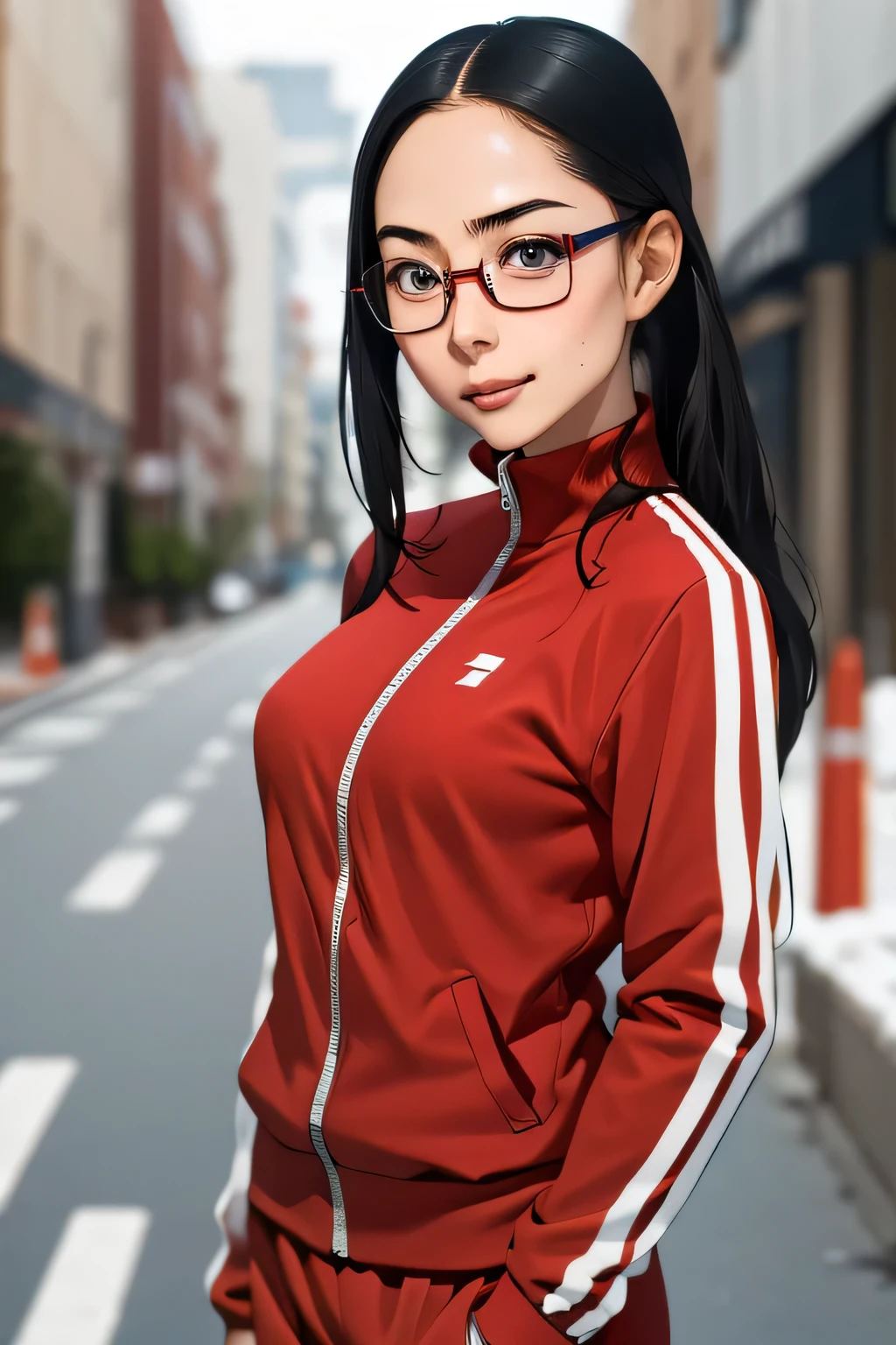 (걸작, 최상의 품질), 한 소녀,  사토, 사토, 안경, 안경 with red frames, 언더 림 안경, 사토, 안경, 안경 with red frames, 언더 림 안경, 트랙 재킷, 트랙팬츠