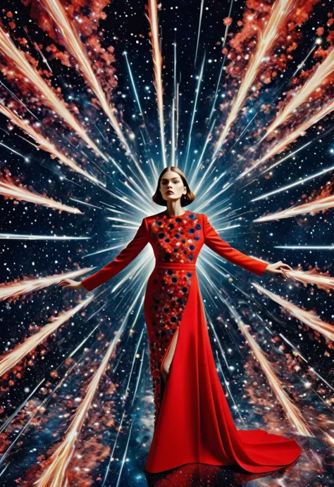 for marie claire, a model in a valentino creation, her pose commanding, amidst the depiction of a supernova explosion. asymmetri...