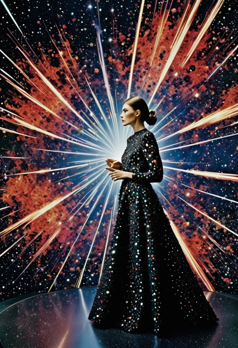 For Marie Claire, a model in a Valentino creation, her pose commanding, amidst the depiction of a supernova explosion. Asymmetrical composition by Andreas Gursky