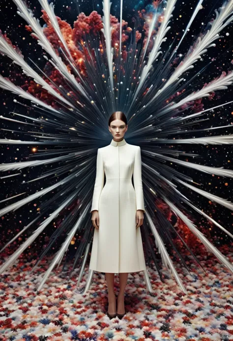 For Marie Claire, a model in a Valentino creation, her pose commanding, amidst the depiction of a supernova explosion. Asymmetri...