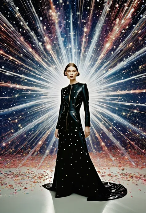 For Marie Claire, a model in a Valentino creation, her pose commanding, amidst the depiction of a supernova explosion. Asymmetri...