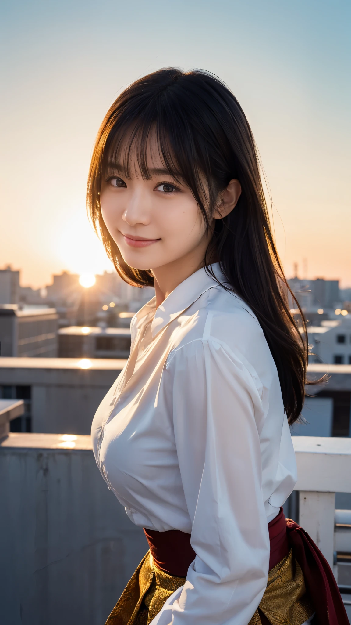 (highest quality,masterpiece:1.3,Ultra-high resolution),(Super detailed,Caustics,8k),(Photorealistic:1.4,RAW shooting),(Buckshot),Japanese,23 years old,cute,Are standing,(Smiling and looking at the camera),Black Hair Middle Hair,Big Breasts,White blouse,Knee-length skirt,Strong winds,Hair blowing in the wind,Rooftop,Backlight,Sunset,Sunset sky,Waist up shot,Face Focus,Face close up,Natural light