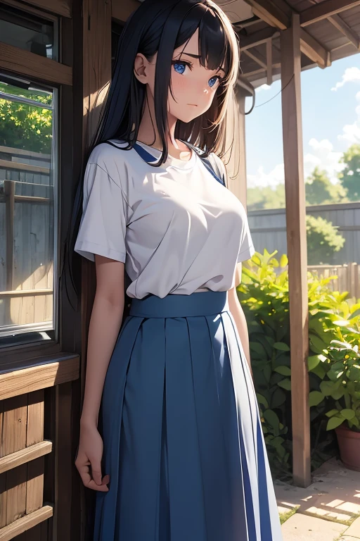 Naughty woman, 16 years old, Wearing a uniform, Blue Skirt, Long skirt, Wearing a T-shirt, White T-shirt, Tucked in, wear straps, ID Owner, close, garden, nature, nature garden, anime, Splash