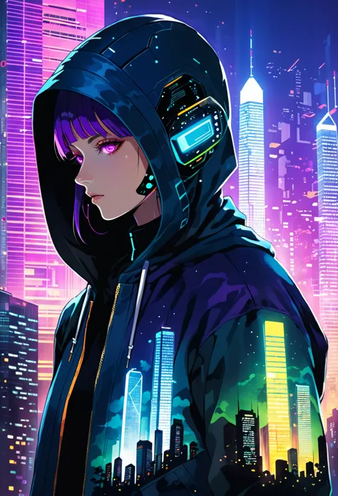 (bright cityscape pattern on clothes:2.4),(wide hood:1.4),(hood worn:3.1),solo,jacket,glowing,hooded jacket,((((((tall cyber bui...