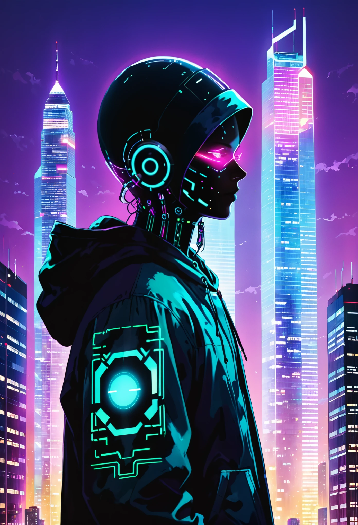 (bright cityscape pattern on clothes:2.4),(wide hood:1.4),(hood worn:3.1),solo,jacket,glowing,hooded jacket,((((((tall cyber building background:2.2)))))),(from side:1.5),black hair,1girl,(vivid glow print on hood:1.8),(blue-purple gradient hooded jacket:1.7),building,looking at viewer,upper body,closed mouth,long sleeves,bangs,outdoors,purple eyes,city,science fiction,profile,multicolored hair,cyberpunk,signature,glowing eyes,sky,urban motif on the hood,vivid color,cyberpunk style,double exposure,(silhouette face:1.5),night,glowing neon,(looking_away:1.2),(don't look at the audience:1.1),