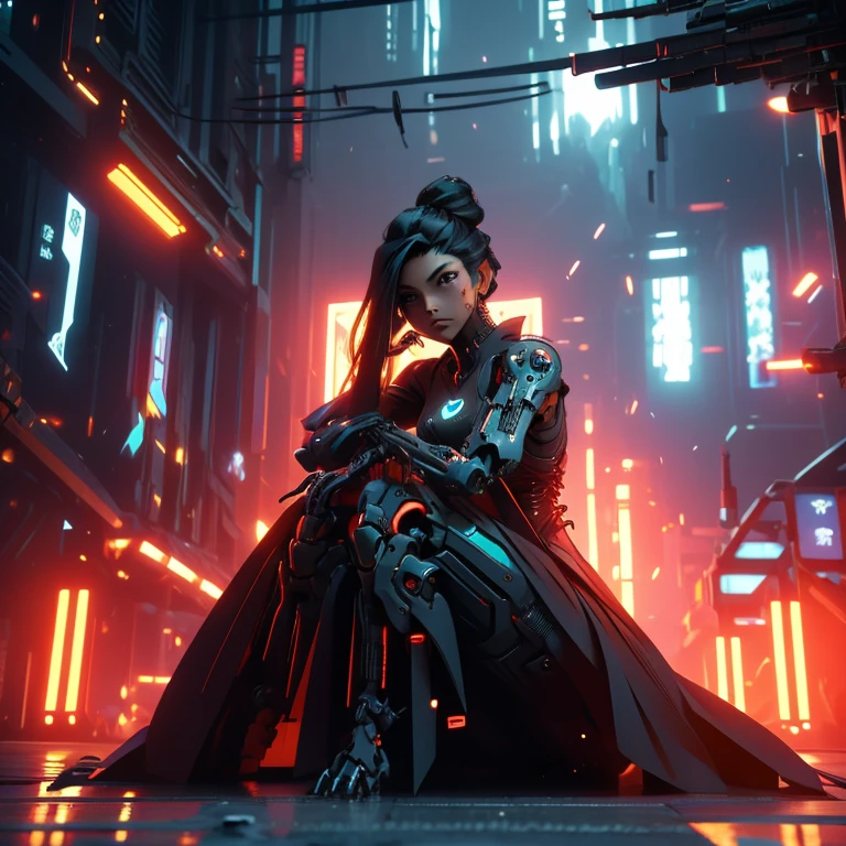 eine Frau sitzt vor einer Gruppe von Robotern, cyberpunk art, von Ross Tran, 9gag, the mekanik doll, cyberpunk skeleton, jet black haired cyberpunk girl