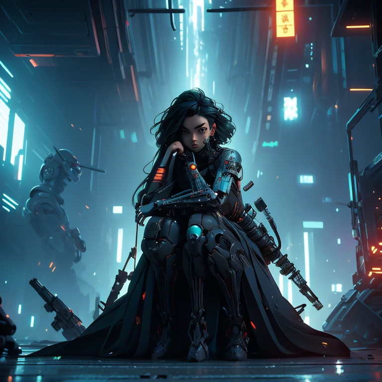 a woman sitting in front of a bunch of robots, cyberpunk art, by Ross Tran, 9gag, the mekanik doll, cyberpunk skeleton, jet black haired cyberpunk girl