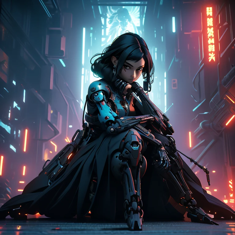 a woman sitting in front of a bunch of robots, cyberpunk art, by Ross Tran, 9gag, the mekanik doll, cyberpunk skeleton, jet black haired cyberpunk girl