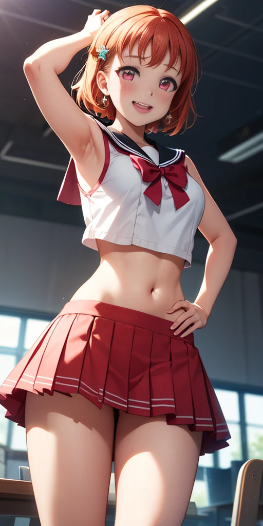 (best quality, 4k, 8k, high res, masterpiece:1.2) ultra detailed, Takami Chika from Love Live!, pink eyes, Sailor top, school skirt, navel, standing, one hand on hip another hand on head, slightly excited and smile, sleeveless, thighs, cowboy shot, hair ornament, big breasts, navel ,ass visible through thighs, fingerless gloves 