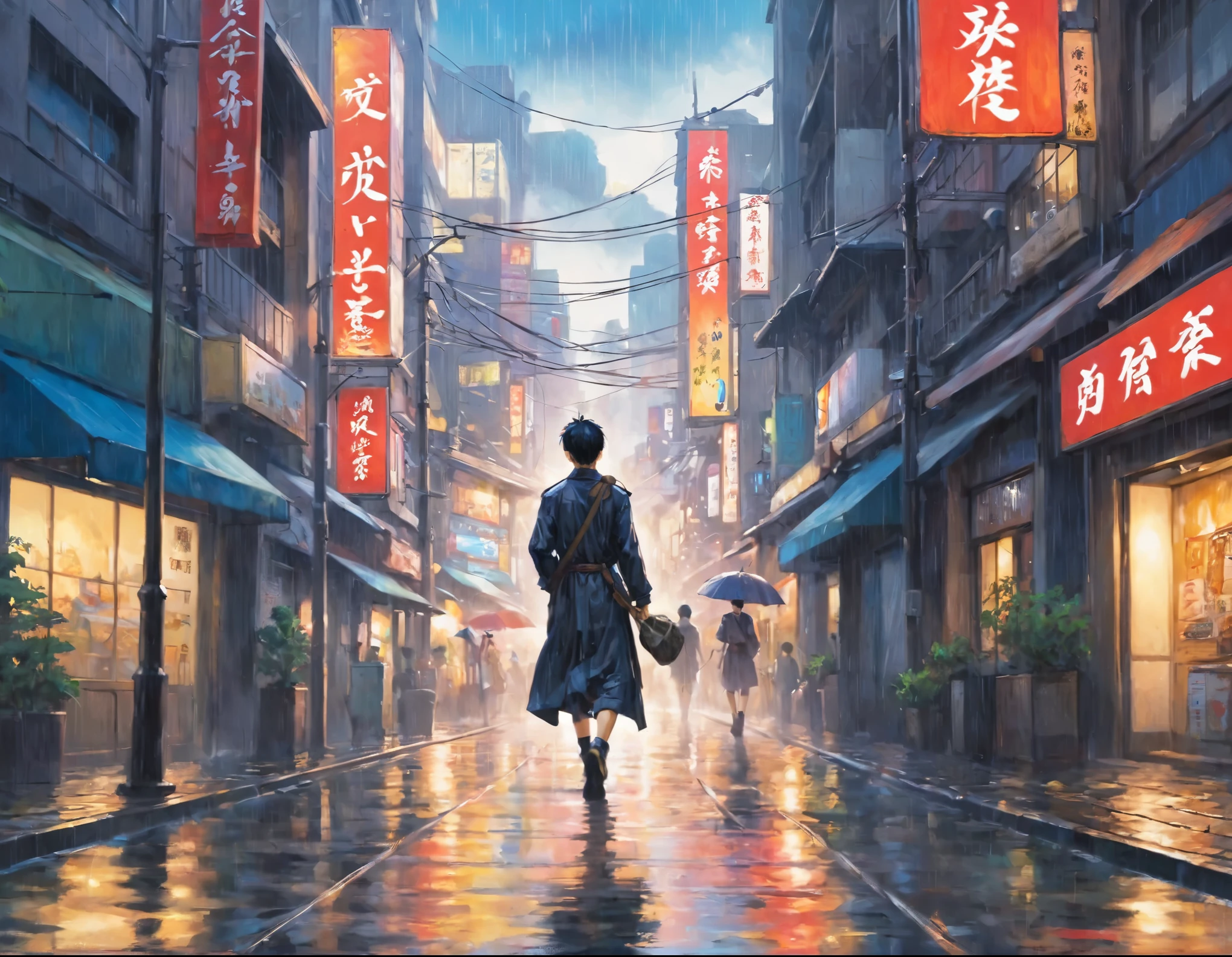 雨の中道を歩く男性のアニメ風シーン, ((非常に詳細), #007199 背景, 町, 建物, 雨, 町灯, 看板, スパークリング, 豊かなグラデーション, 落ち着いた色合いの水彩画模様), (映画のような), ((非常に詳細な, 美しい顔, 男の子1人), ショートヘア, 前髪カット, ダイナミックアングル, カウボーイショット, 黒いコート)), 男, ハンサム, 背面図