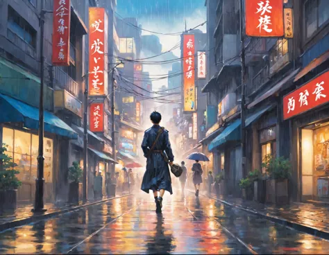 rainの中道を歩く男性のアニメ風シーン, ((Very detailed), #007199 Background, Town, building, rain, Town灯, signboard, Sparkling, Rich gradation, W...