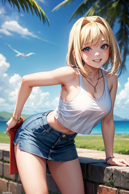 1 female,,blonde,(miniskirt and big white tank top, (), , natural smile,,,(((leaning forward)))