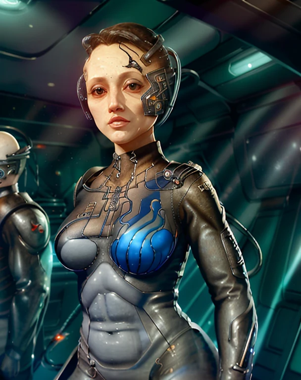 , ((linda_park )),(( black hair)), blue eyes, science fiction, realistic, cyborg:1.2, black bodysuit, at a , new year's eve, , artstation, pixiv, digital art, digital painting
