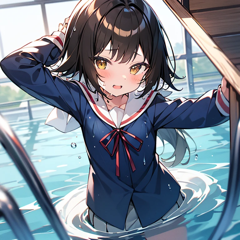 1 girl、mashiromitsumine, mashiro mitsumine, (Brown eyes:1.5), Brown Hair, ponytail, (Flat Chest:1.2), break grey skirt, Long sleeve, neck ribbon, red ribbon, ribbon, Sailor collar, skirt, white Sailor collar, (Blue Shirt:1.5), break looking at viewer, (whole body), break indoors, School swimming pool, (Lots of water)、Wet、(skirtを引っ張る)、skirtが水面に広がります、(Completely flooded)、whole bodyが水に浸かる、Transparent pool、swim、break (masterpiece:1.2), highest quality, High resolution, unity 8k wallpaper, (shape:0.8), Highly detailed face, Perfect lighting, Highly detailed CG、(Panty flashing)、(skirt全開)、ロングワイドskirt、cute、blush、Watery eye